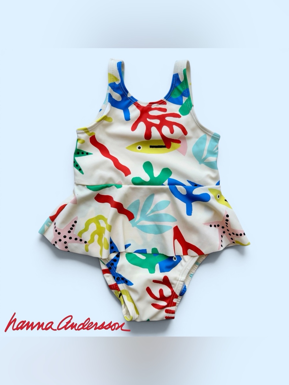 Hanna Andersson Swimsuit Girls 12-18M Fish Coral Starfish Skirted One Piece